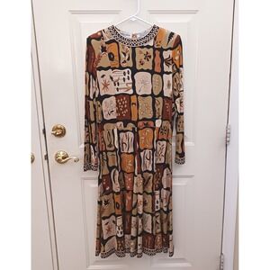 Averardo Bessi Vintage 100%‎ Silk Jersey Midi Dress Italy Floral Geometric Sz 14